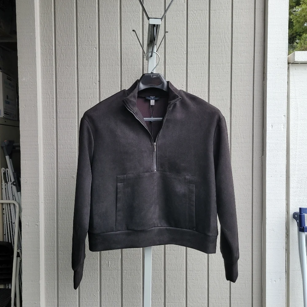 Black Faux Suede Half Zip Pullover Jacket Sweatshirt NEW Front Pocket Tahari - Picture 11 of 11